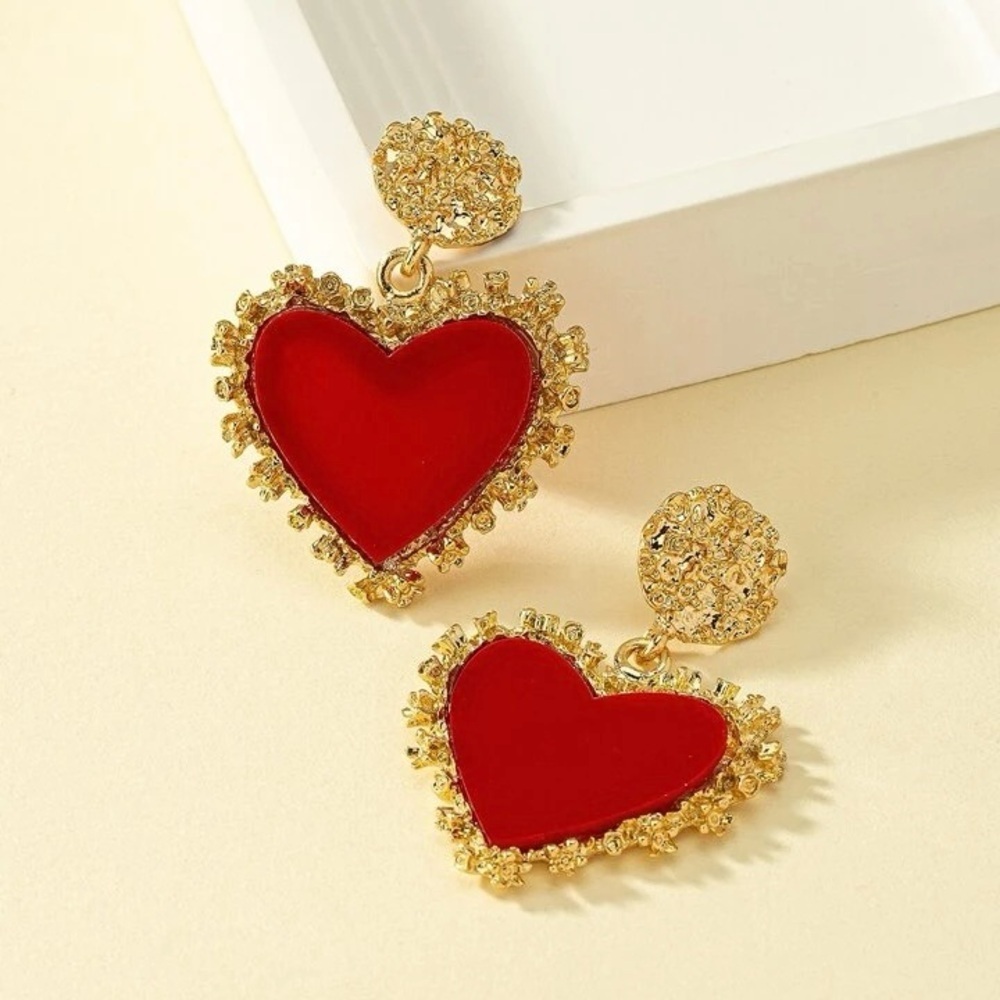 Glam Gold & Red Heart Earrings Romantic Drop - Picture 2 of 6